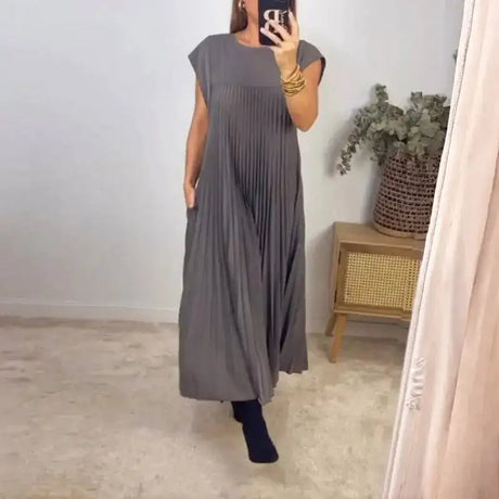 Women's Elegant And Fashionable Round Neck Sleeveless Pleated Long Dress In Solid Color Beige With Pockets, Oversized Long Skirt - Lootquake