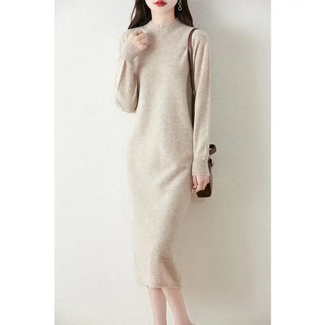 Autumn Winter Women's Wool Long Dress Cashmere Mock Neck Pullover Sweater 100% Merino Wool Soft Knitwear OL Simple Basic Dress - Lootquake