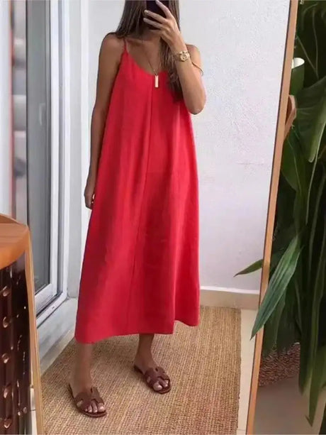 Summer Loose Spaghetti Strap Dresses Women Solid Color V-neck Casual Commuting Sleeveless Long Dress Female Fashion New Vestidos - Lootquake