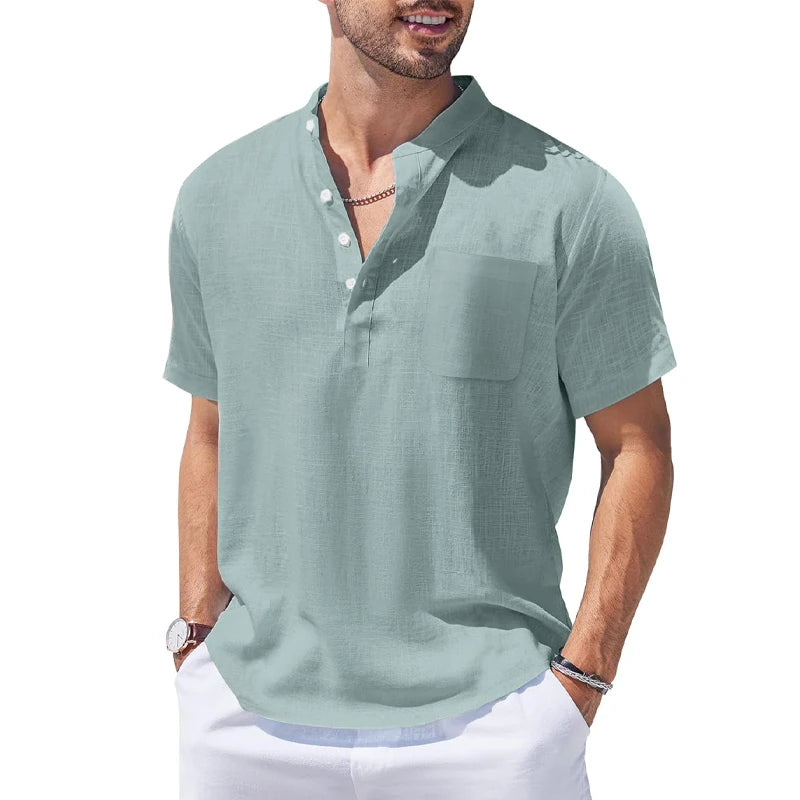 New Mens Henley Short Sleeve Casual Shirt Summer Cotton Shirts Beach Shirts Banded Collar Tshirts lightweight Shirts with Pocket - Lootquake