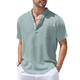 New Mens Henley Short Sleeve Casual Shirt Summer Cotton Shirts Beach Shirts Banded Collar Tshirts lightweight Shirts with Pocket - Lootquake