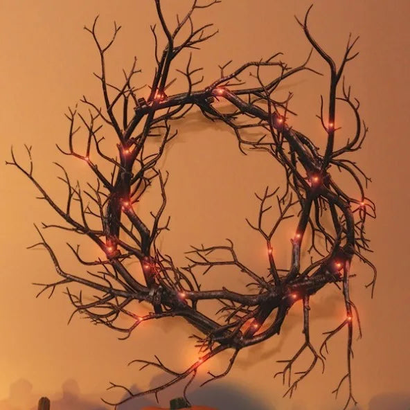 Halloween Wreath Black Branch Garland with LED Light Horror Party Haunted Festival Branch Wreath Hanging Room Halloween Decor