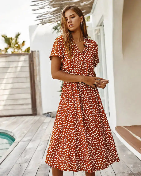Vintage Floral Print Dress Women Boho Short Sleeve Long Dress Turn Down Collar Casual Waistband Shirt Dresses Robe 2021 Summer - Lootquake