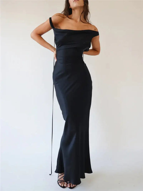 Fashion Women Satin Vintage Long Bodycon Dress Elegant Backless Spaghetti Strap Long Dress Y2K Sexy Low Cut Club Party Dress - Lootquake