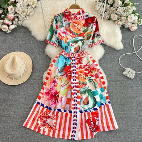Polo Neck Printed Vintage Long Dress Short Sleeve Big Hem Slim Long Dress Vestidos Casual Fashion Women Elegant Robe - Lootquake