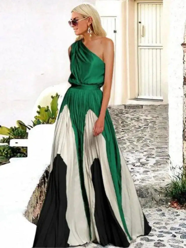2024 Spring Summer New One Shoulder Dresses Women Splicing Print Off Shoulder Loose Long Dress Fashion Ladies Commuting Vestidos - Lootquake