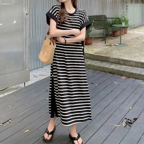 2024 New Casual Korean Striped O-neck Short Sleeve Long Dress Ladies Simplicity Patchwork Loose Tshirt Dress Women Clothing - Lootquake