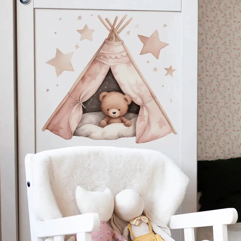 Cartoon Teddy Bear Tent Stars Wall Stickers for Kids Room Nursery Baby Room Decoration Wall Decals Room Interior - Lootquake