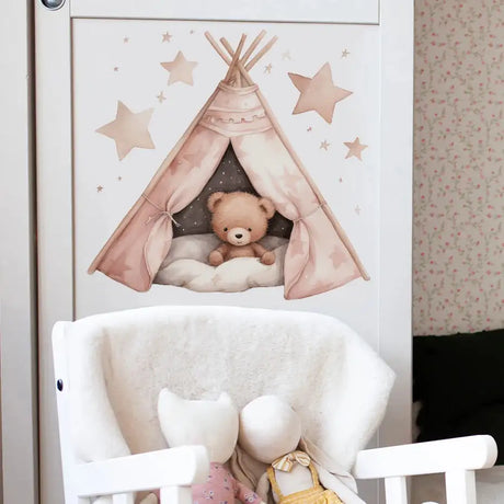 Cartoon Teddy Bear Tent Stars Wall Stickers for Kids Room Nursery Baby Room Decoration Wall Decals Room Interior - Lootquake