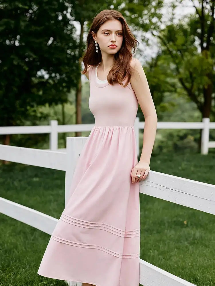 FSLE Classic Cleanfit Elegant Fake Two-pieces Vest Summer Women Long Dress 2024 New Versatile Casual A-Line Dress 24FS12982 - Lootquake