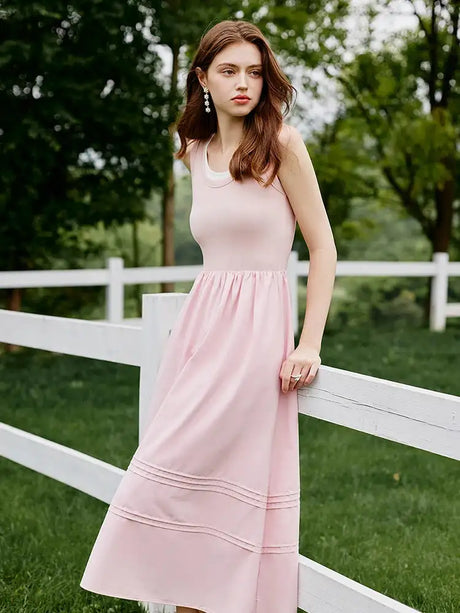 FSLE Classic Cleanfit Elegant Fake Two-pieces Vest Summer Women Long Dress 2024 New Versatile Casual A-Line Dress 24FS12982 - Lootquake