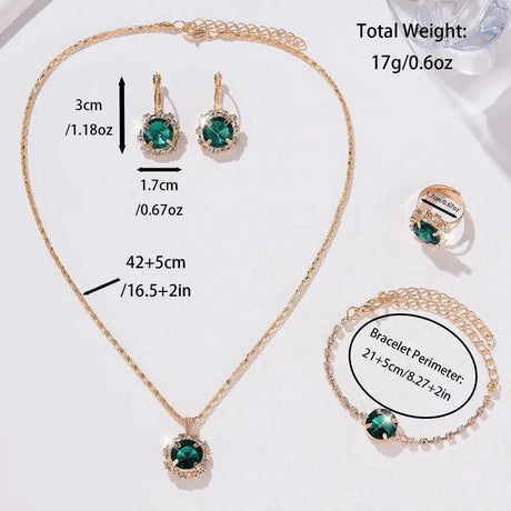 6PCS Set Green Luxury Quartz Watch Women Ring Necklace Earring Rhinestone Fashion Wristwatch Casual Ladies Bracelet Watches 6PCS - Lootquake