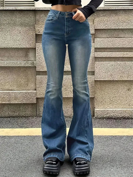 Women Flare Stretch Moustache Jeans Fashion Skinny Bell Bottom High Waist Gray Denim Pants Lady Classic Y2K Punk Long Trousers - Lootquake