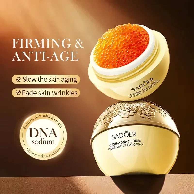 Crema facial antiarrugas con colágeno, perla, reafirmante, caviar, ADN, colágeno sódico, hidratante, suavizante y aclarante. Producto para el cuidado de la piel.