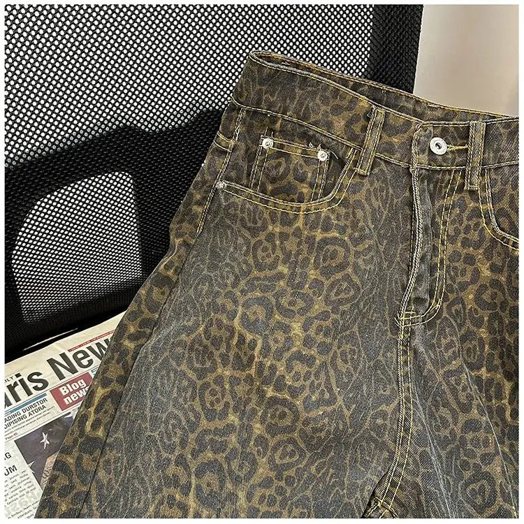 Retro Spring Trendy Leopard Print Jeans Women's American High Street Trousers Y2K Harajuku Style Baggy High Waist Casual Pants - Lootquake