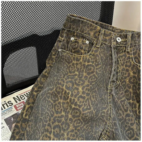 Retro Spring Trendy Leopard Print Jeans Women's American High Street Trousers Y2K Harajuku Style Baggy High Waist Casual Pants - Lootquake