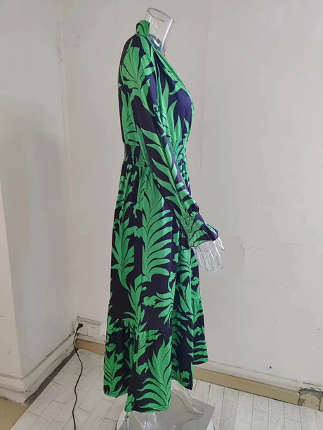 Europe And America Cross Border Autumn/Winter New Long Dress with Waist Pullover And Bohemian Print Long Sleeve Large Swing - Lootquake