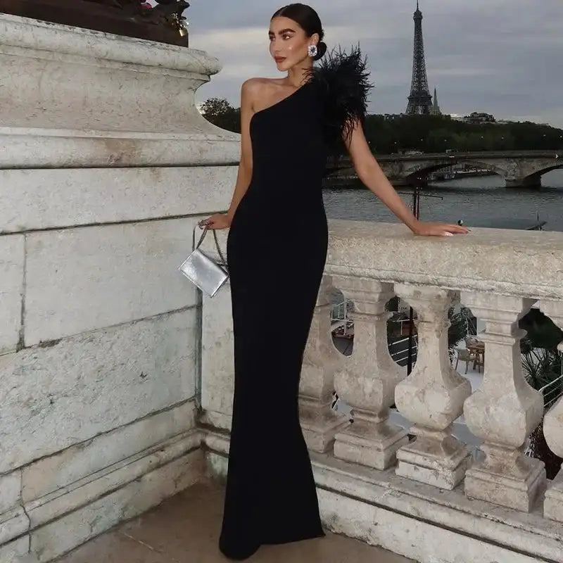 BWQ Black Sleeveless One Shoulder Feather Maxi Dress For Women Bodycon Sexy Party Elegant Long Dress Birthday Evening Outfit - Lootquake