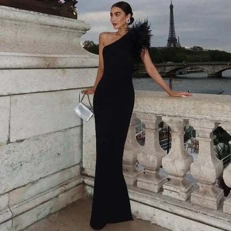 BWQ Black Sleeveless One Shoulder Feather Maxi Dress For Women Bodycon Sexy Party Elegant Long Dress Birthday Evening Outfit - Lootquake