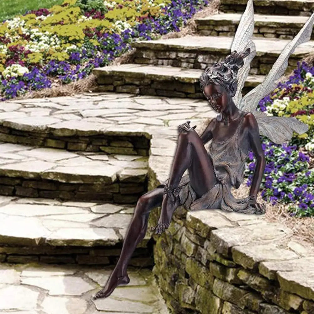 Flower Fairy Sculpture Garden Landscaping Yard Art Ornament Resin Turek Sitting Statue Outdoor Angel Figurines Craft Decoration