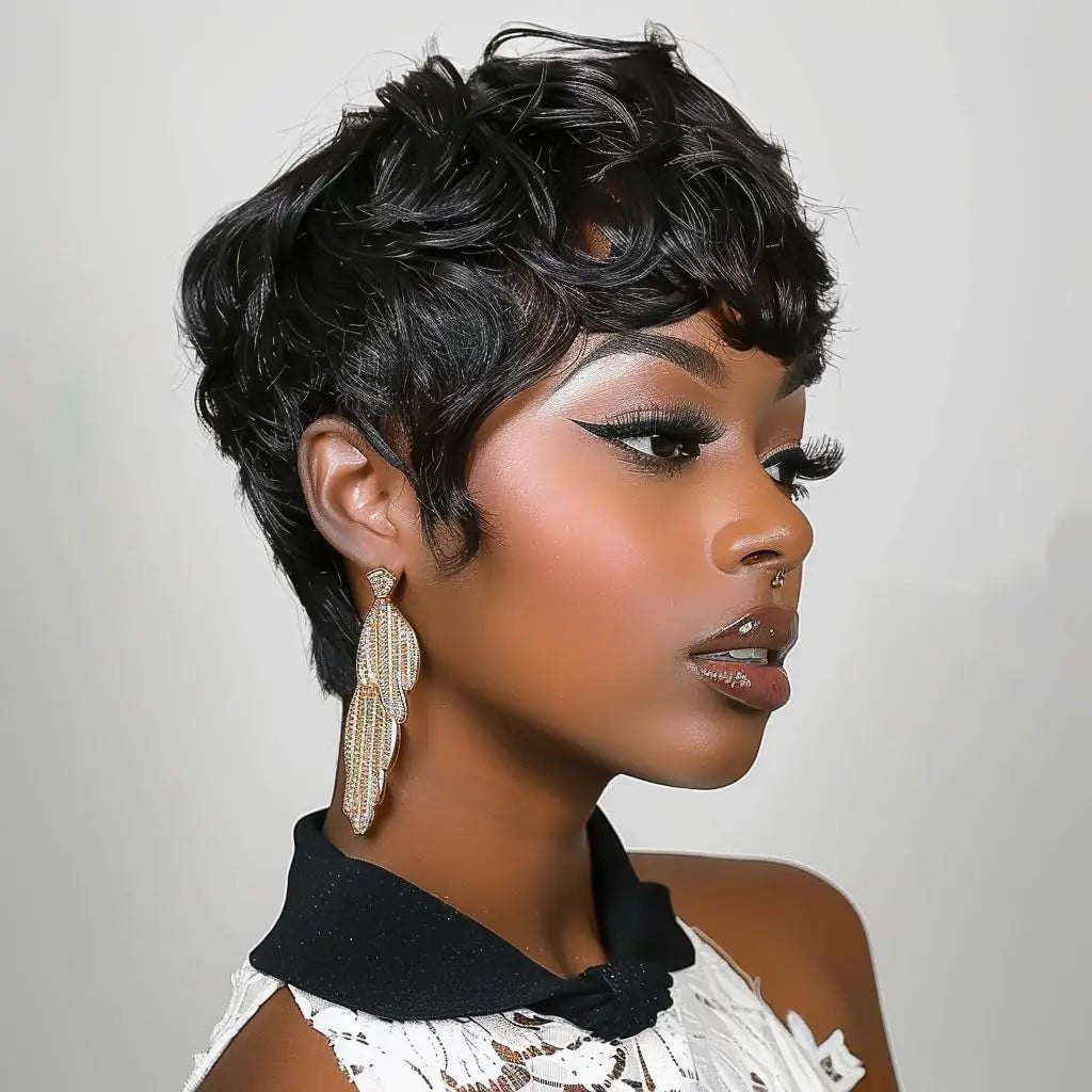 Black Women's Short Curly Elf Wig | Natural Wave Synthetic Wig (Black Color, Layered Elf Cut, Daily Use)