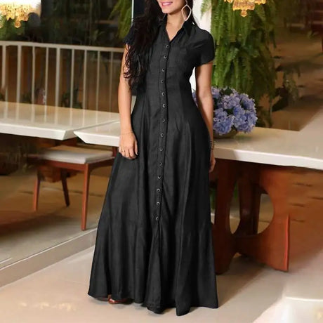 2023 Fashion New Long Dress Shirt Neck Pocket Large Swing Dress Casual Elegant Temperament Single Breasted Denim Dress - Lootquake