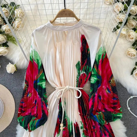 Spring Holiday Print Long Dress For Women Fashion Loose Lantern Sleeve Party Robe Female Big Swing Tassels Belt Pleated Clothes - Lootquake