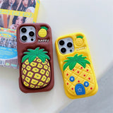 3D Cartoon Pineapple Telescopic Bracket Soft Silicone Phone Case For iPhone