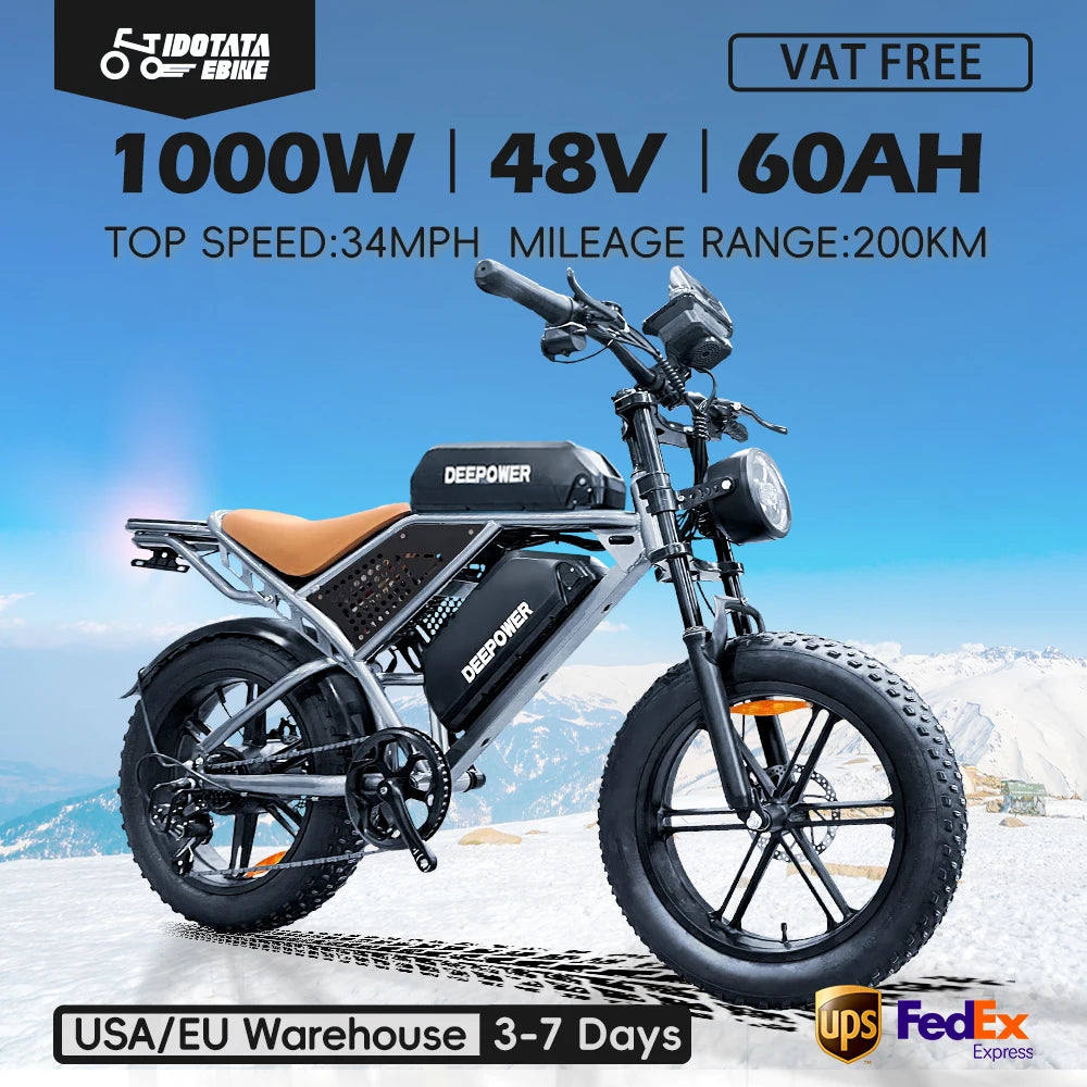 Vélo électrique tout-terrain pour adulte, 1000 W, 48 V, 60 Ah, vitesse maximale de 55 km/h, pneus larges de 20 pouces
