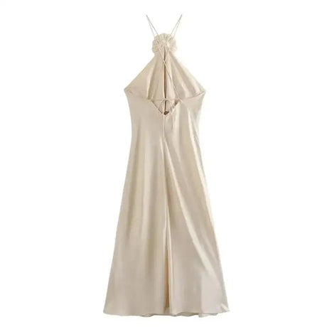 TRAF Flower Satin Long Dress Women Off Shoulder Halter Backless Dress Woman Summer Elegant Party Dresses Sexy Evening Dresses - Lootquake