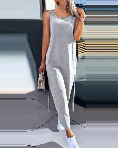 Hollow Out Solid Long Dress Women Fashion Sleeveless O-neck Maxi Dresses For Women 2024 Summer Women's Slim Split Vestidos Black - Lootquake