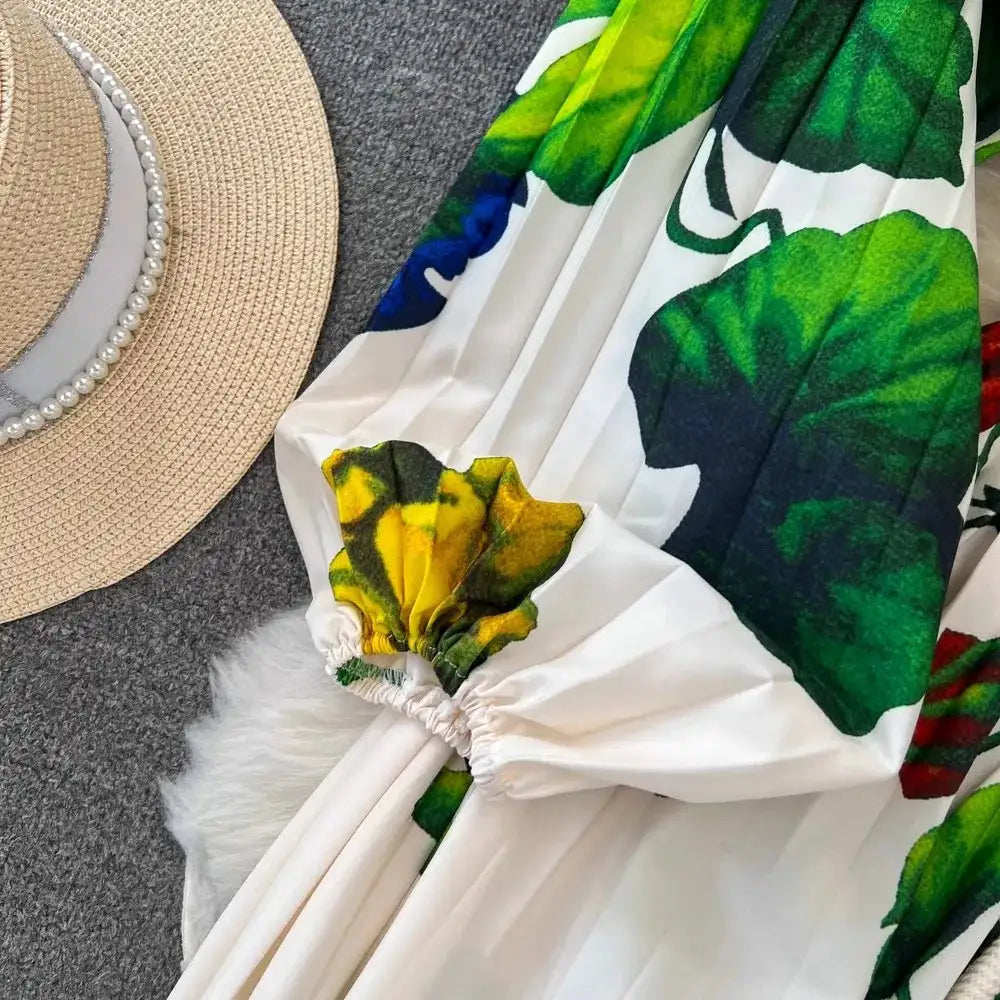 Spring Holiday Print Long Dress For Women Fashion Loose Lantern Sleeve Party Robe Female Big Swing Tassels Belt Pleated Clothes - Lootquake