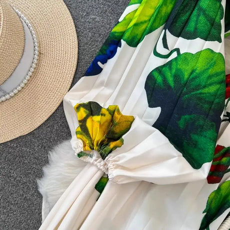 Spring Holiday Print Long Dress For Women Fashion Loose Lantern Sleeve Party Robe Female Big Swing Tassels Belt Pleated Clothes - Lootquake