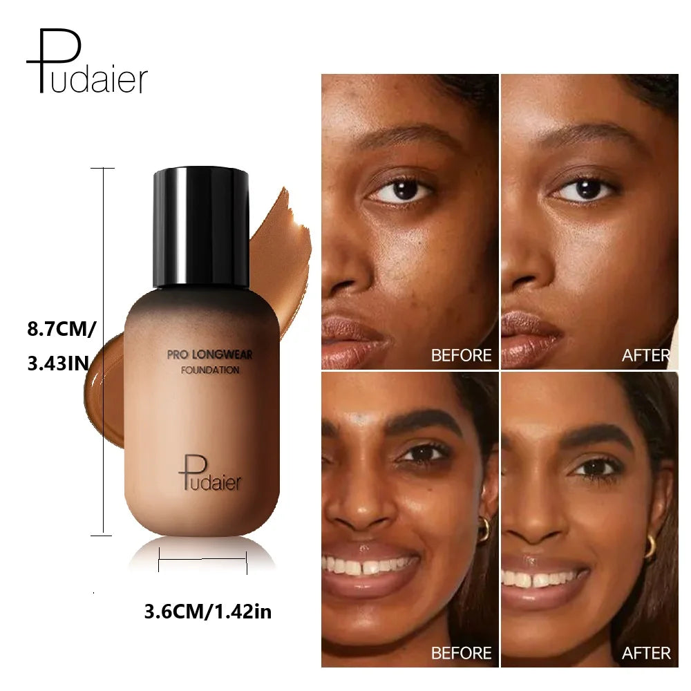 Base de maquillaje natural de larga duración Pudaier - Botella pequeña marrón, acabado mate, no pegajosa, textura cremosa, adecuada para todo tipo de piel