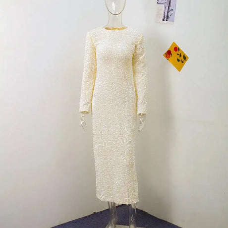 Sequined Party Dresses For Women Removable Sleeve O-neck Slim Long Dress Female 2025 Elegant White Lady Sexy Evening Vestidos - Lootquake