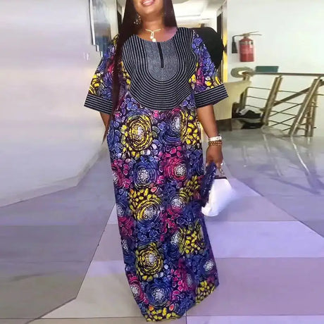 Plus Size Women Maxi Long Dress 2024 VONDA Vintage Half Sleeve Floral Printing Robes Dress Loose Oversize Vestido Streetwear - Lootquake