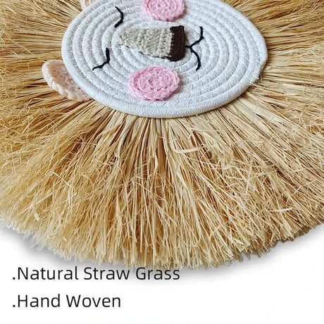Nordic Hand Woven Lion Wall Hanging Ornaments Cartoon Animal Head Straw Weaving Children Room Wall Decor Tent Party Decoration - Lootquake