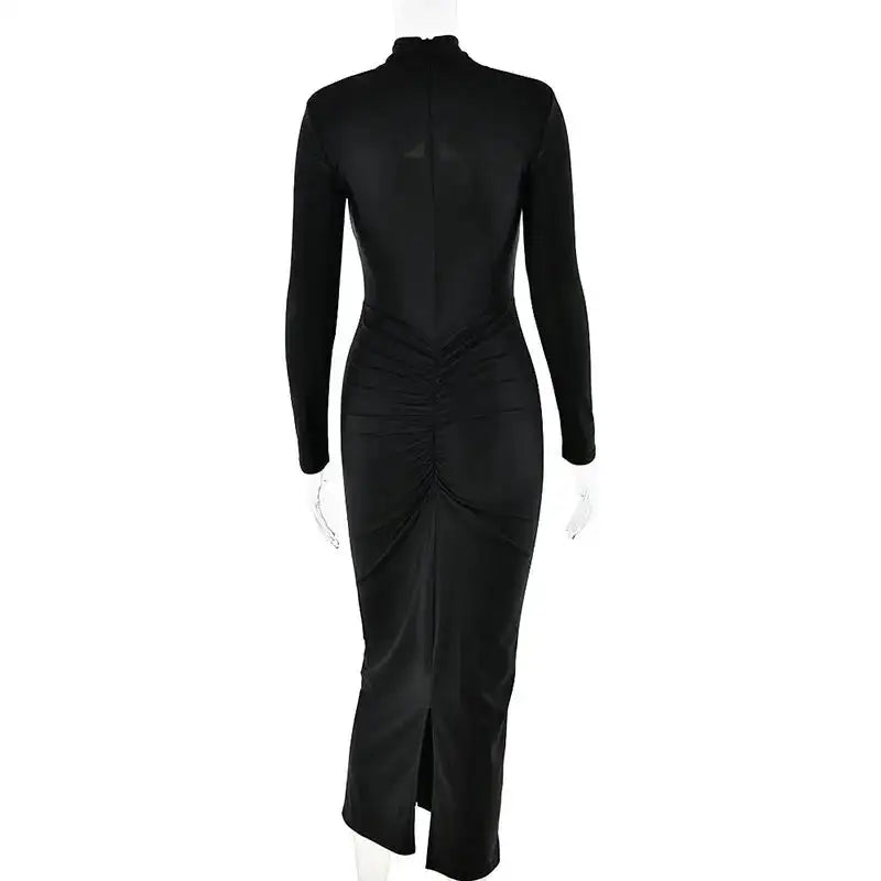 GACVGA Sexy Hollow Out Ruched Maxi Dress For Women 2024 Autumn Winter Long Sleeve Slit Slim Elegant Party Evening Long Dress - Lootquake