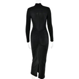 GACVGA Sexy Hollow Out Ruched Maxi Dress For Women 2024 Autumn Winter Long Sleeve Slit Slim Elegant Party Evening Long Dress - Lootquake