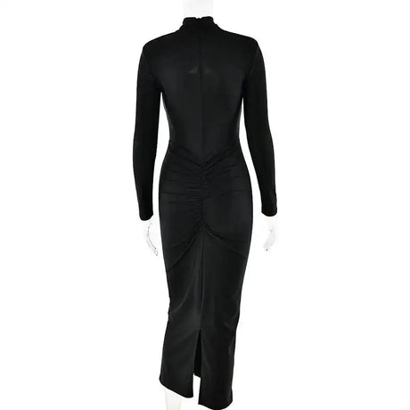 GACVGA Sexy Hollow Out Ruched Maxi Dress For Women 2024 Autumn Winter Long Sleeve Slit Slim Elegant Party Evening Long Dress - Lootquake