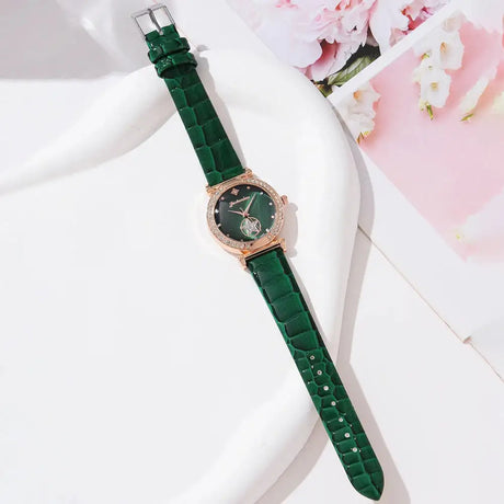 6PCS Set Green Luxury Quartz Watch Women Ring Necklace Earring Rhinestone Fashion Wristwatch Casual Ladies Bracelet Watches 6PCS - Lootquake