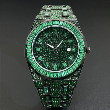 2024 New MISSFOX Hip Hop Green Iced Watches Mens Luxury Stainless Steel AAA Clocks Man Fashion Square Diamond Jewelry Wristwatch - Lootquake