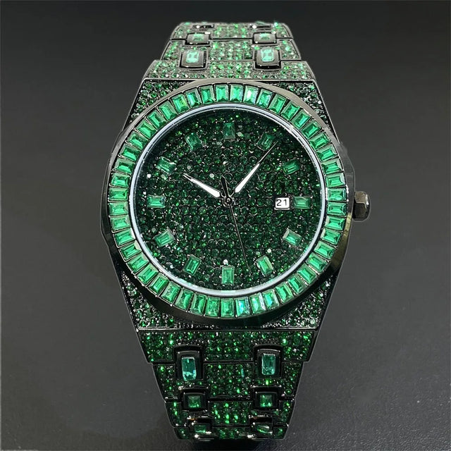 2024 New MISSFOX Hip Hop Green Iced Watches Mens Luxury Stainless Steel AAA Clocks Man Fashion Square Diamond Jewelry Wristwatch - Lootquake