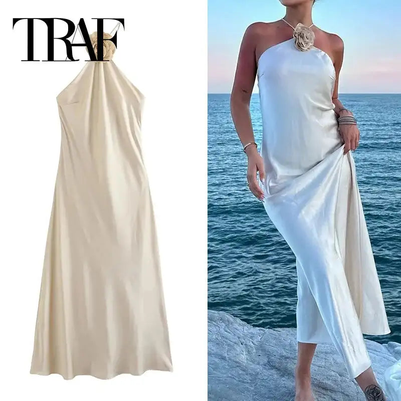 TRAF Flower Satin Long Dress Women Off Shoulder Halter Backless Dress Woman Summer Elegant Party Dresses Sexy Evening Dresses - Lootquake
