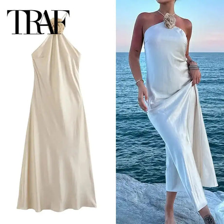 TRAF Flower Satin Long Dress Women Off Shoulder Halter Backless Dress Woman Summer Elegant Party Dresses Sexy Evening Dresses - Lootquake