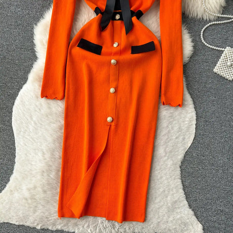 SINGREINY Office Lady Sweater Long Dress 2023 Bow Single Breasted Elastic Split Women Autumn Dress Fashion Senior Knitted Dress - Lootquake