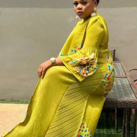 2024 Miyake Fashion Splicing Leopard Print Maxi Dress with Round Neck Hand Shake Flower Horn Sleeves Long Loose Fit Long Dress - Lootquake