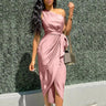 Fashion One Shoulder Long Dress Women Summer Solid Color Slim Waist Pencil Dress Ladies Backless Lace Up Evening Party Dresses - Lootquake
