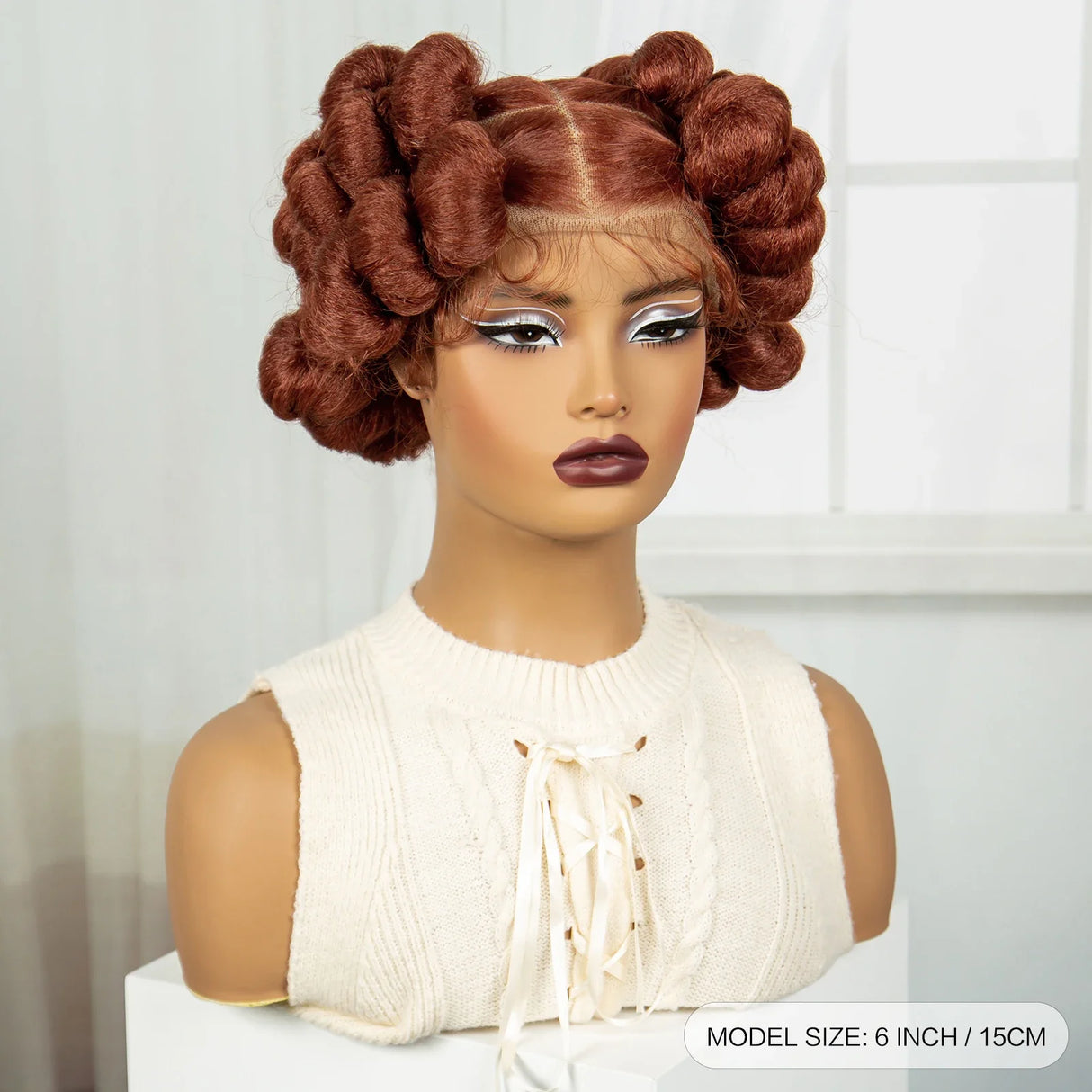 6" Short Cute Burgundy Bantu Knotless Braids Wig | Transparent Full Lace