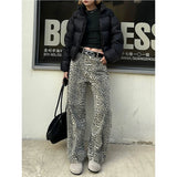 American Retro High Street Casual Overalls Leopard Print Loose Wide Leg Pants For Women Y2k Hip-hop Cargo Grunge Baggy Trousers - Lootquake